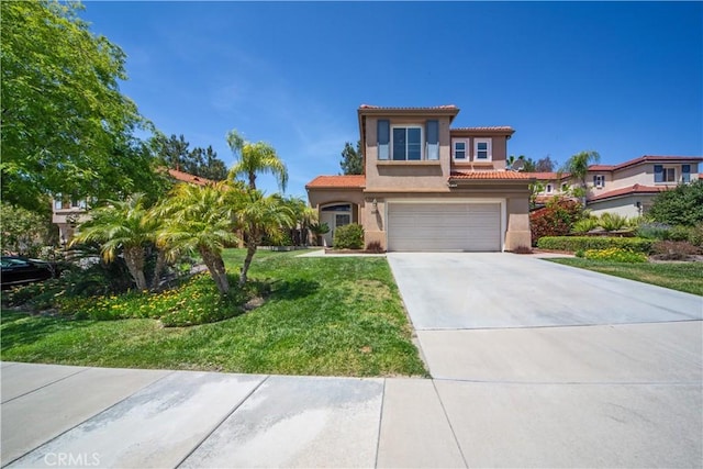 32851 Naples Ct, Temecula, CA 92592 - mediterranean / spanish house with a tile roof, a front yard, a garage, concrete driveway, and stucco siding