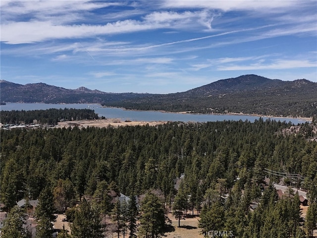 property view of mountains featuring a water view and a wooded view