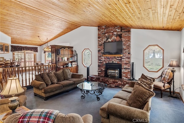 carpeted living area with wooden ceiling and vaulted ceiling