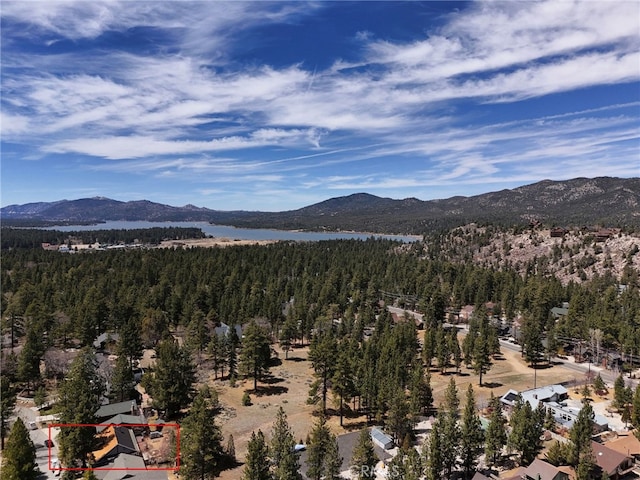 property view of mountains featuring a wooded view and a water view