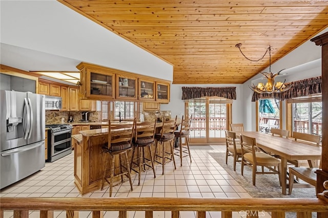 kitchen featuring lofted ceiling, an inviting chandelier, light tile patterned floors, wood ceiling, and appliances with stainless steel finishes