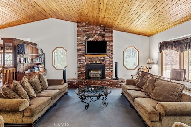 living area featuring vaulted ceiling, carpet floors, and wooden ceiling