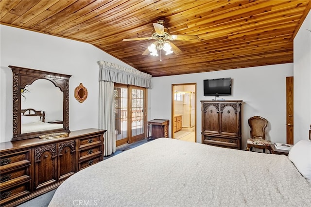 bedroom featuring a ceiling fan, ensuite bathroom, wooden ceiling, lofted ceiling, and access to exterior