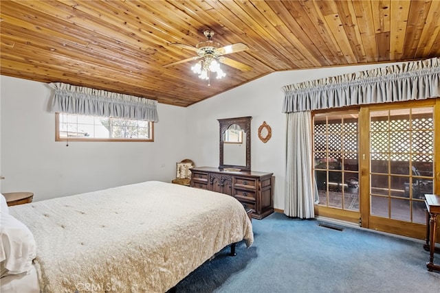 bedroom with carpet flooring, access to exterior, vaulted ceiling, visible vents, and wood ceiling