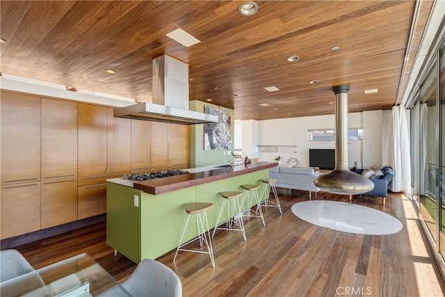 kitchen featuring wooden ceiling, gas stovetop, dark wood-style flooring, a sink, and island exhaust hood