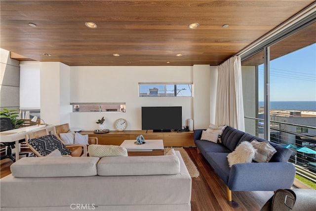 living room featuring recessed lighting, wood finished floors, and wood ceiling