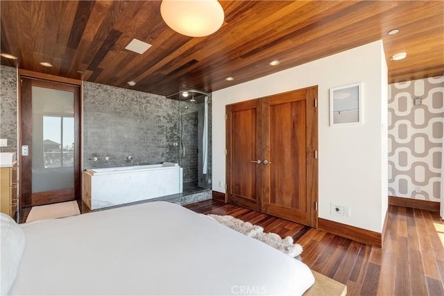 bedroom with wooden ceiling, wood finished floors, recessed lighting, and baseboards
