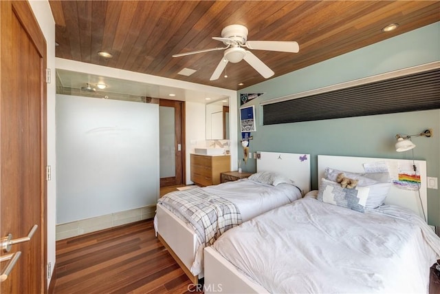 bedroom featuring wooden ceiling, wood finished floors, ceiling fan, and recessed lighting