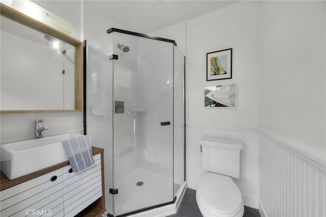 1012 10th St, Manhattan Beach, CA 90266 - full bathroom featuring wainscoting, vanity, a shower stall, and toilet