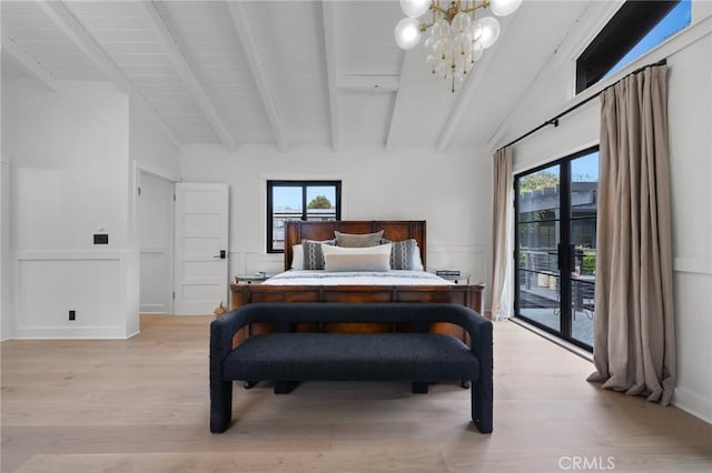 1012 10th St, Manhattan Beach, CA 90266 - bedroom featuring light wood-type flooring, lofted ceiling with beams, a notable chandelier, and access to exterior