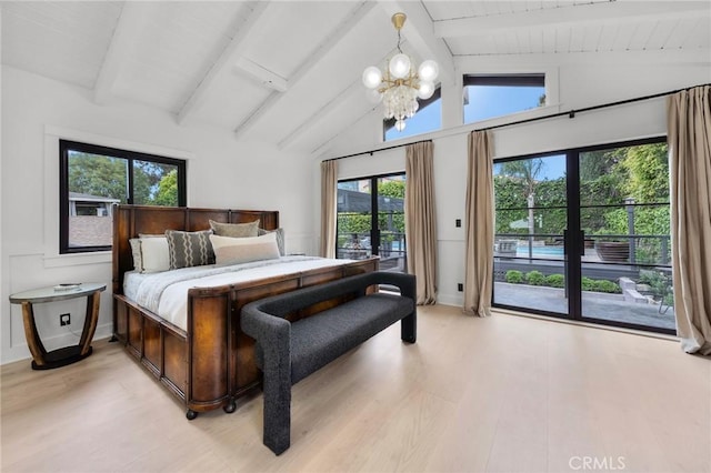 1012 10th St, Manhattan Beach, CA 90266 - bedroom featuring an inviting chandelier, vaulted ceiling with beams, multiple windows, and access to exterior