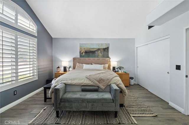 13656 Dronfield Ave, Sylmar, CA 91342 - bedroom with wood finished floors, baseboards, lofted ceiling, and a closet