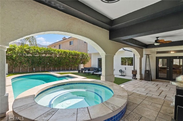 13656 Dronfield Ave, Sylmar, CA 91342 - pool with ceiling fan, an in ground hot tub, a patio area, and french doors