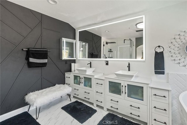 13656 Dronfield Ave, Sylmar, CA 91342 - bathroom featuring vaulted ceiling, vanity, and a shower stall