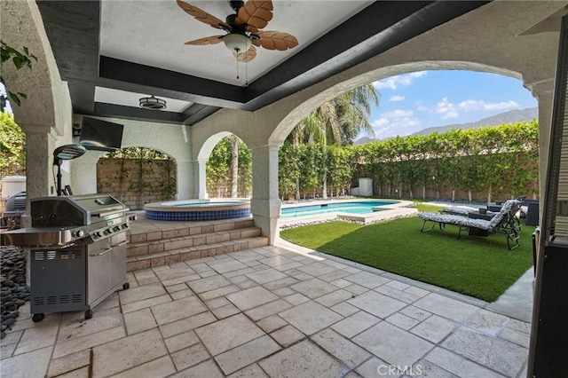 13656 Dronfield Ave, Sylmar, CA 91342 - view of patio / terrace with ceiling fan, area for grilling, an outdoor pool, a fenced backyard, and an in ground hot tub