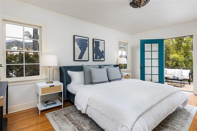 bedroom featuring wood finished floors, multiple windows, and access to exterior