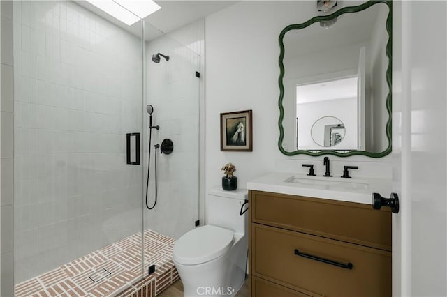 459 E 18th St, Costa Mesa, CA 92627 - bathroom with a shower stall, vanity, and a skylight