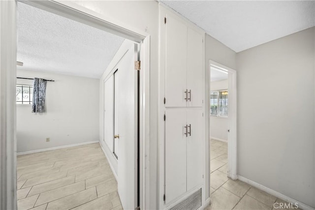 hall with baseboards, a textured ceiling, and a healthy amount of sunlight