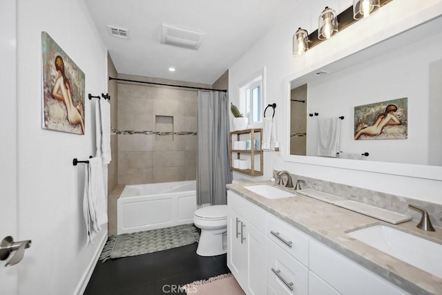 bathroom with toilet, a sink, visible vents, and shower / bathtub combination with curtain