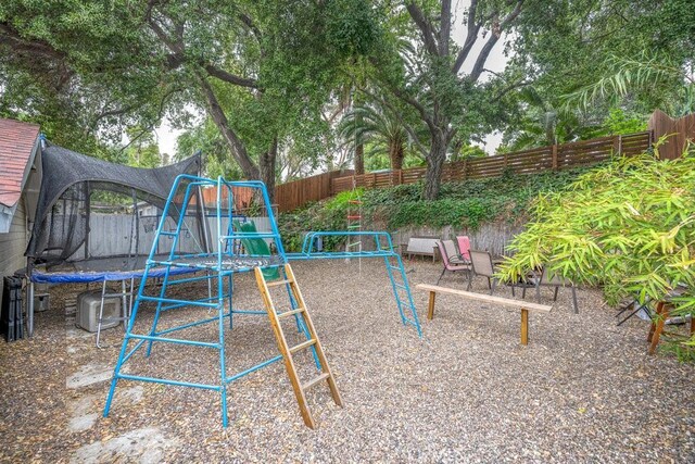 view of play area featuring a fenced backyard and a trampoline