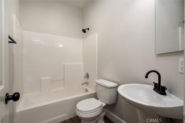 30461 Savoie St, Murrieta, CA 92563 - bathroom featuring wood finished floors, a sink, baseboards, toilet, and bathing tub / shower combination