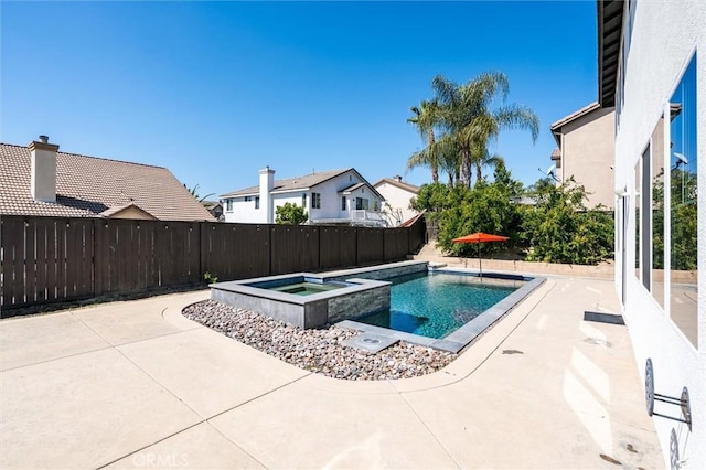 30461 Savoie St, Murrieta, CA 92563 - view of swimming pool featuring a pool with connected hot tub, a residential view, a fenced backyard, and a patio area