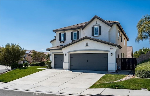 30461 Savoie St, Murrieta, CA 92563 - mediterranean / spanish home featuring a garage, fence, stucco siding, a tiled roof, and concrete driveway