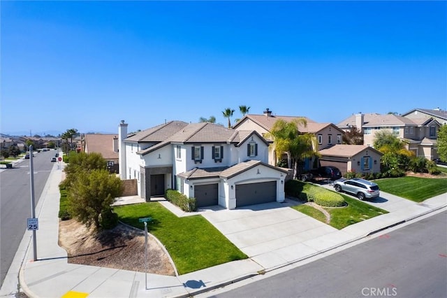 30461 Savoie St, Murrieta, CA 92563 - traditional-style house featuring a tile roof, a residential view, a garage, concrete driveway, and stucco siding