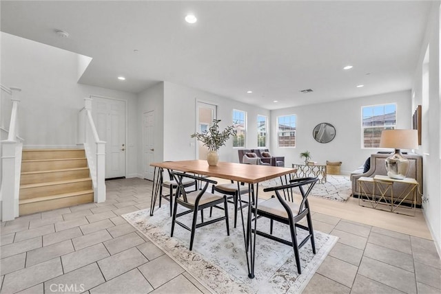 2882 E Via Terrano, Ontario, CA 91764 - dining room with light tile patterned floors, stairway, and recessed lighting