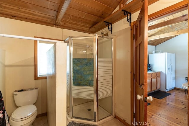 41505 Alder Dr, Forest Falls, CA 92339 - bathroom featuring a shower stall, wooden ceiling, toilet, and lofted ceiling with beams