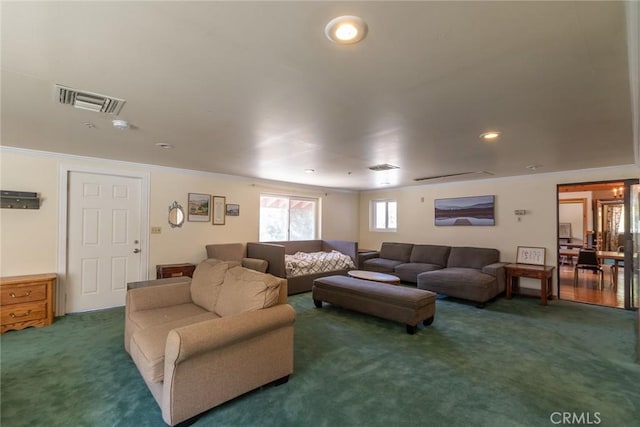 41505 Alder Dr, Forest Falls, CA 92339 - living area with recessed lighting, crown molding, visible vents, and carpet flooring
