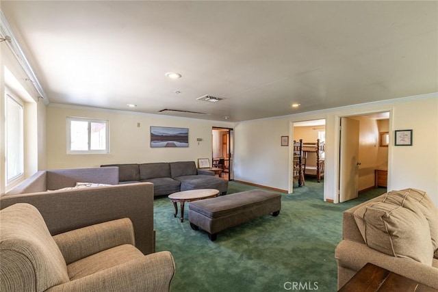 41505 Alder Dr, Forest Falls, CA 92339 - living area with visible vents, carpet, recessed lighting, and crown molding