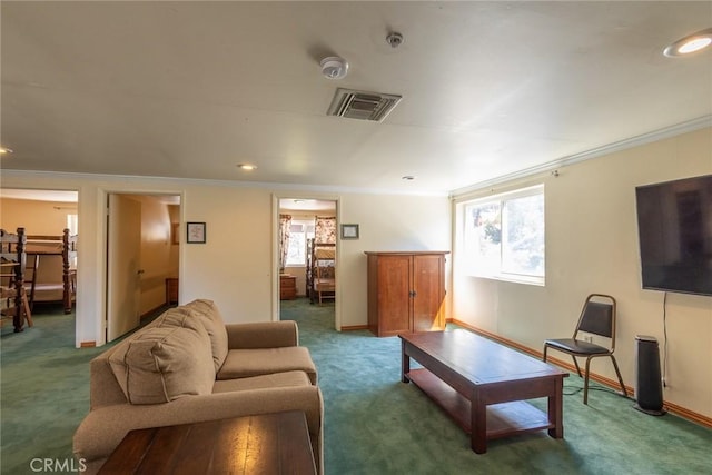 41505 Alder Dr, Forest Falls, CA 92339 - living room featuring crown molding, visible vents, carpet flooring, and a healthy amount of sunlight