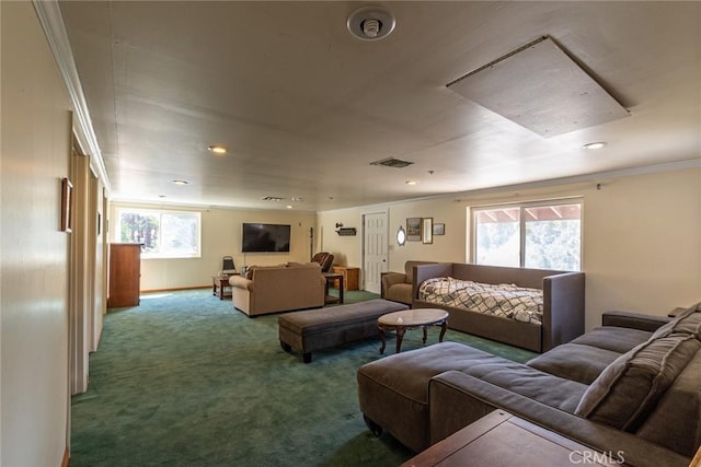 41505 Alder Dr, Forest Falls, CA 92339 - living room featuring carpet floors, crown molding, visible vents, and recessed lighting