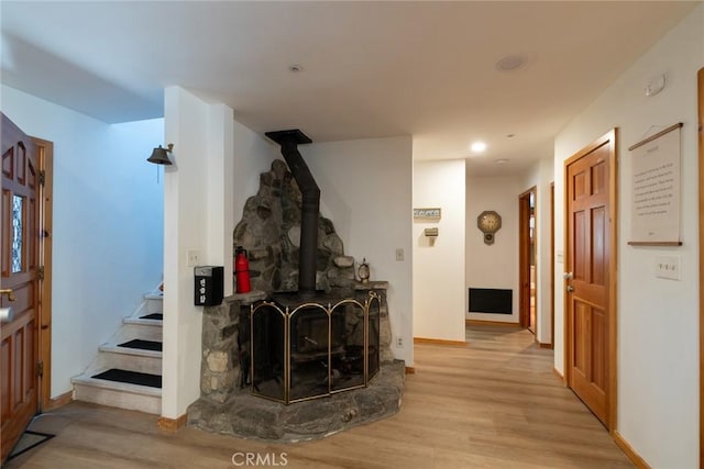 41505 Alder Dr, Forest Falls, CA 92339 - hallway featuring recessed lighting, wood finished floors, baseboards, and stairway
