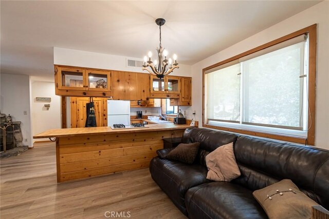41505 Alder Dr, Forest Falls, CA 92339 - living area featuring a chandelier, visible vents, and light wood-style flooring