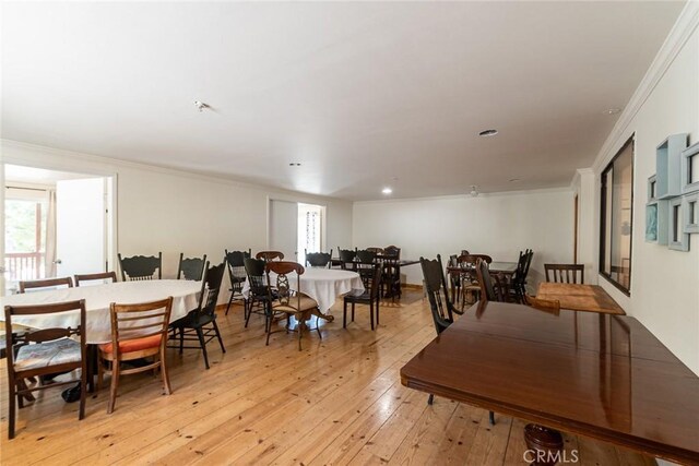 41505 Alder Dr, Forest Falls, CA 92339 - dining space featuring light wood-style flooring, recessed lighting, and ornamental molding