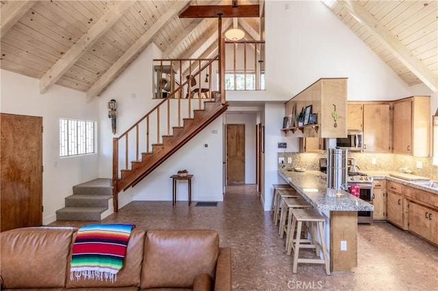 26704 Raven Rd, Wrightwood, CA 92397 - kitchen featuring appliances with stainless steel finishes, a breakfast bar area, high vaulted ceiling, wooden ceiling, and tasteful backsplash