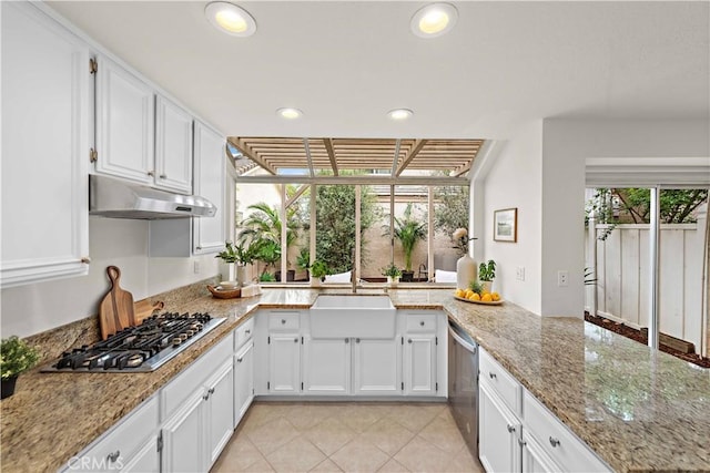 kitchen featuring under cabinet range hood, white cabinets, light stone counters, a sink, and stainless steel appliances