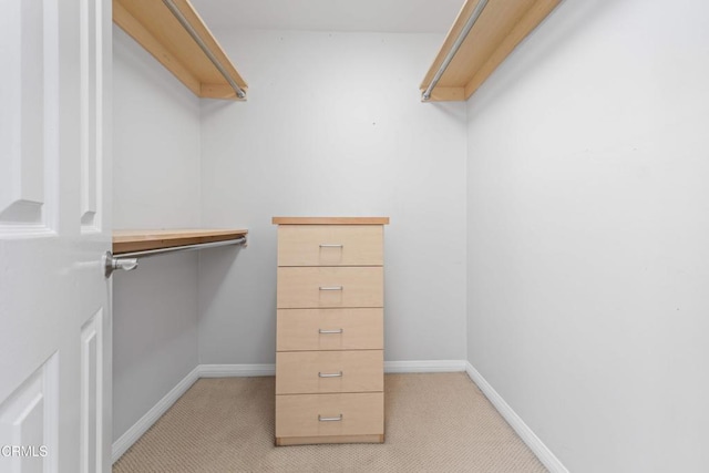 walk in closet with light carpet