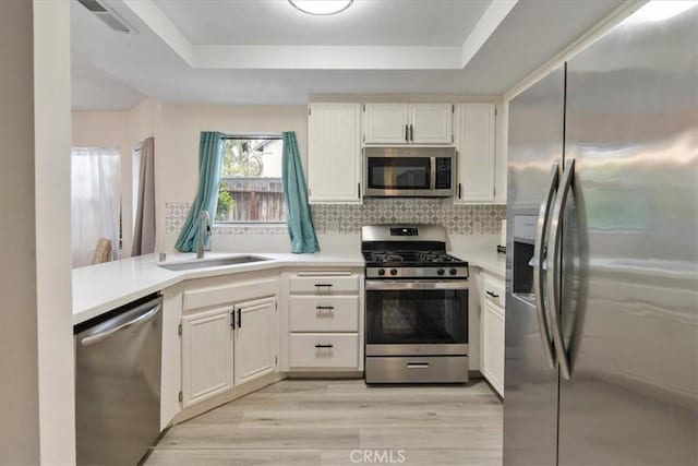 kitchen featuring decorative backsplash, a sink, appliances with stainless steel finishes, a tray ceiling, and light wood finished floors