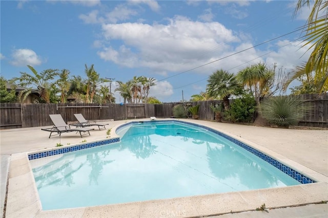 view of pool with a fenced backyard, a fenced in pool, and a patio