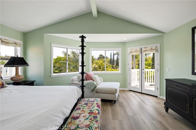 bedroom with multiple windows, access to outside, vaulted ceiling with beams, and light wood-type flooring
