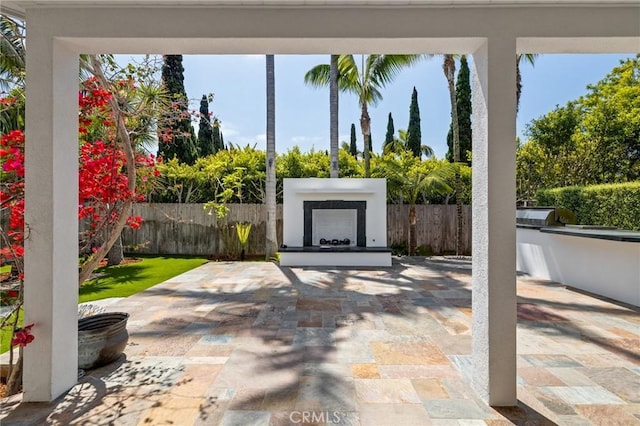 view of patio / terrace with area for grilling, exterior fireplace, and a fenced backyard