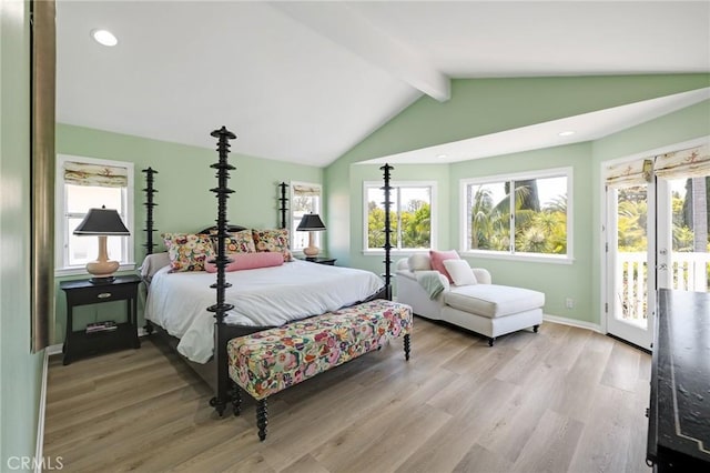 bedroom featuring light wood-style floors, access to outside, baseboards, recessed lighting, and vaulted ceiling with beams