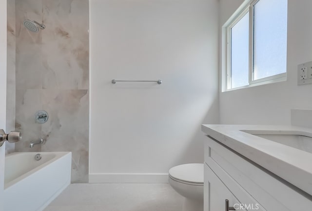 bathroom featuring shower / tub combination, vanity, toilet, and baseboards