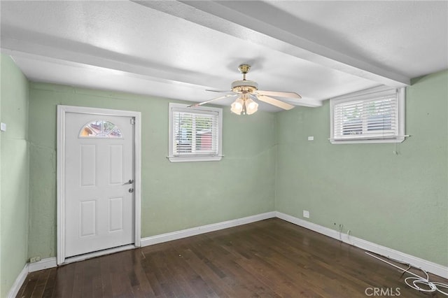 foyer entrance featuring baseboards, hardwood / wood-style flooring, a wealth of natural light, and ceiling fan