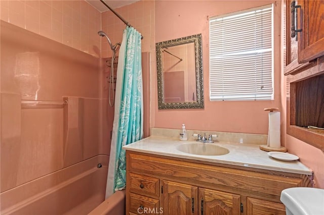 full bath with shower / bathtub combination with curtain and vanity