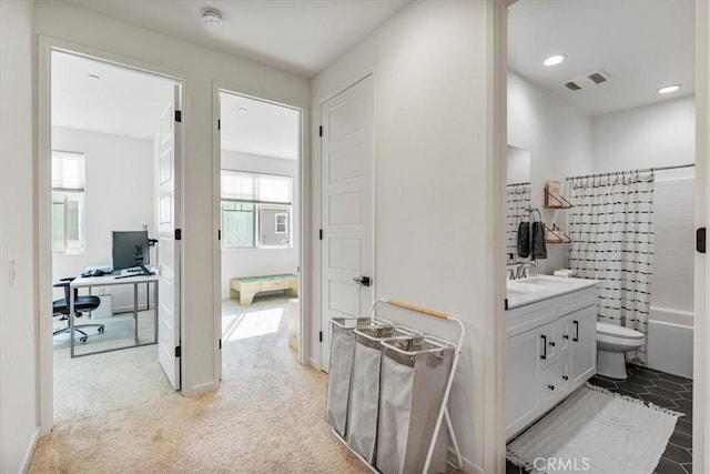 16452 Globetrotter Ave, Chino, CA 91708 - bathroom with vanity, toilet, recessed lighting, shower / tub combo, and visible vents