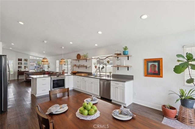 dining space with dark wood-type flooring, recessed lighting, baseboards, and vaulted ceiling
